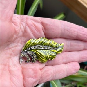 Vtg Estate Green Enamel & Rhinestone Leaf Brooch Pin France French 2” Art Deco